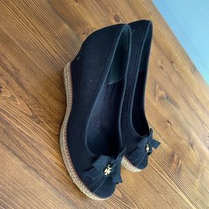 Tory Burch Black Canvas Grosgrain Wedge with Bow